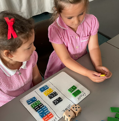 Using dice and dominoes to play ‘fewer, more or the same’.