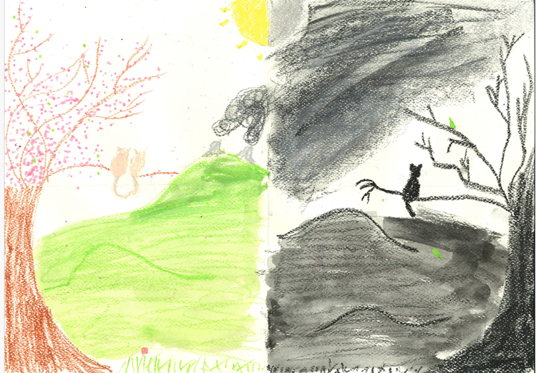 Image description: The page is split down the middle. The left-hand side shows a healthy tree with pink blossom and two cats sitting on a branch looking out over a green field with some chimneys smoking in the distance. The right-hand side is a similar image in black and white with only two tiny green leaves on a blackened tree. There is only one cat on the branch looking out over grey/black fields with smoke hanging in the air. The title is Today and Tomorrow