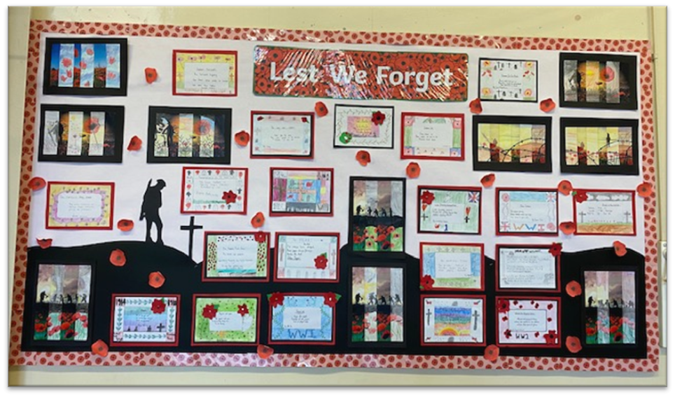 Year 6's Haiku display board for Remembrance Day