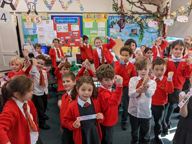 Year 1 class photo for anti-bullying week showing friendship bands