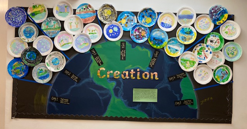 Image description: Image shows children’s artwork on paper plates inspired by the creation story surrounding an image of the earth with the title – Creation