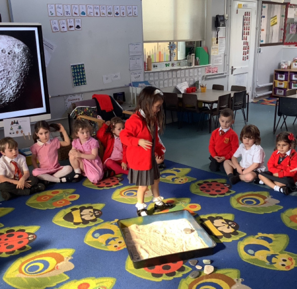 The flour was the surface of the moon and the stones were space rock.