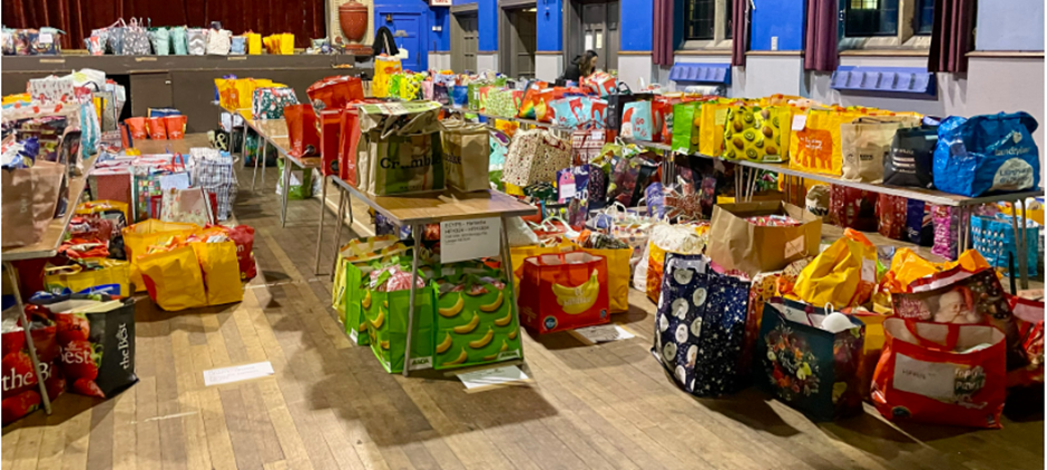 Help for Hunger hampers displayed at St Monica's church hall