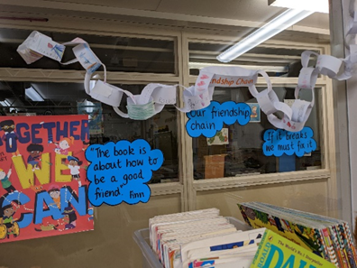 Year 1 friendship bands for anti-bullying week displayed around the class