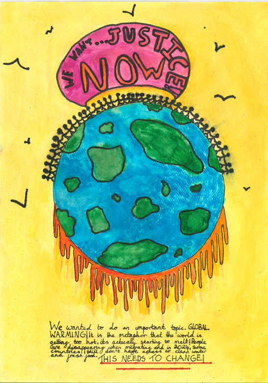 Image description: An image of the world on a bright yellow background with stick figures holding hands in a chain around the top and the bottom of the globe melting. Slogan reads We Want Justice Now