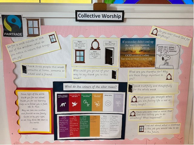 Picture shows the collective worship display board in the school’s entrance hall with themes for this term’s collective worship to enable the children to reflect and prompt them to think about their actions.