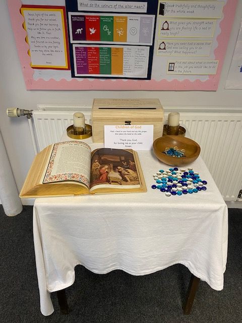 The Collective Worship table with beads used in collective worship on Monday 13th. The beads represent sparkling drops of water to remind us of Jesus’ baptism. Children throughout the week have been taking a bead from the bowl and saying a short prayer then placing their bead on the table. 