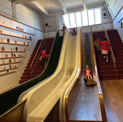 Children travelling down slides