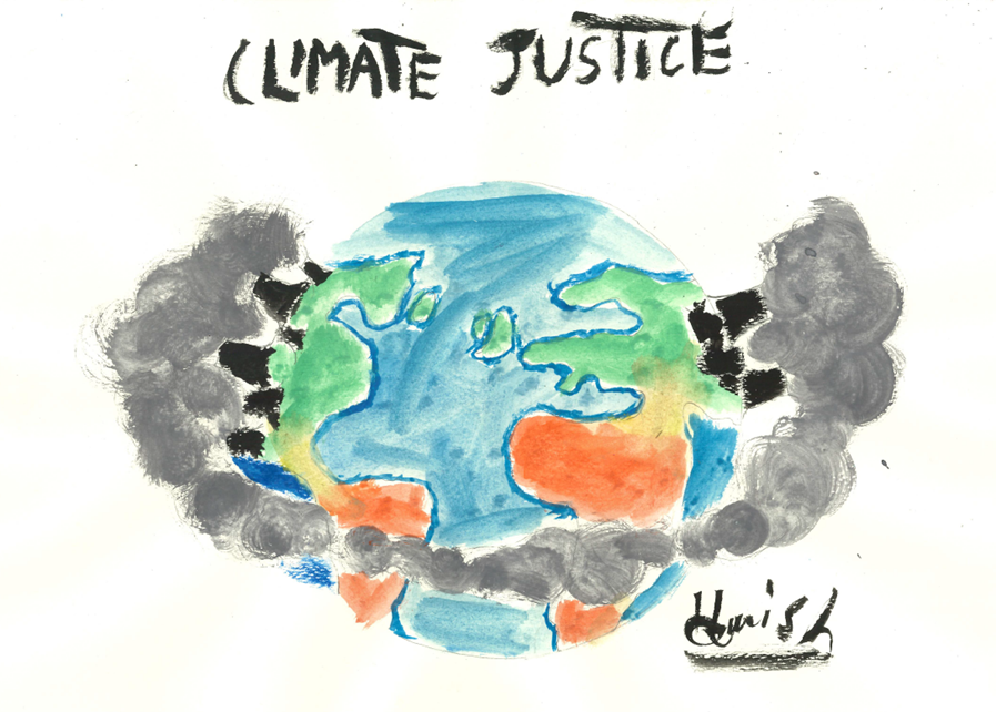 Image description: The picture is of the world with dark clouds emanating from the north and encircling the southern half. The slogan reads Climate Justice