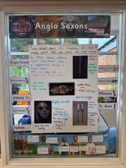 Pictures of artefacts found in the ‘ship grave’ with annotations of children’s thoughts/ideas. 