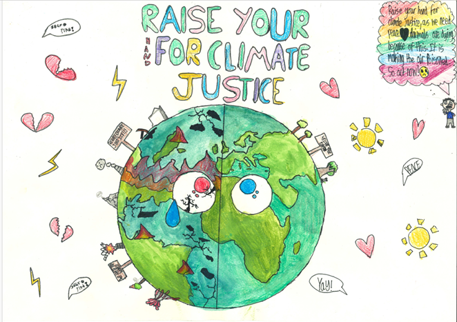 Image description: A picture of the Earth in colour with a pair of eyes, divided in two with one side polluted and the other clean and fresh. Slogan says Raise Your Hand For Climate Justice.