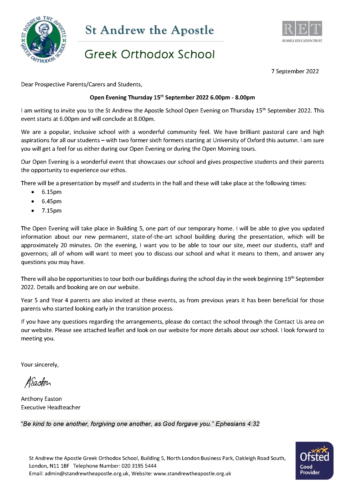 Open evening letter from St Andrew the Apostle - 15 September between 6pm-8pm