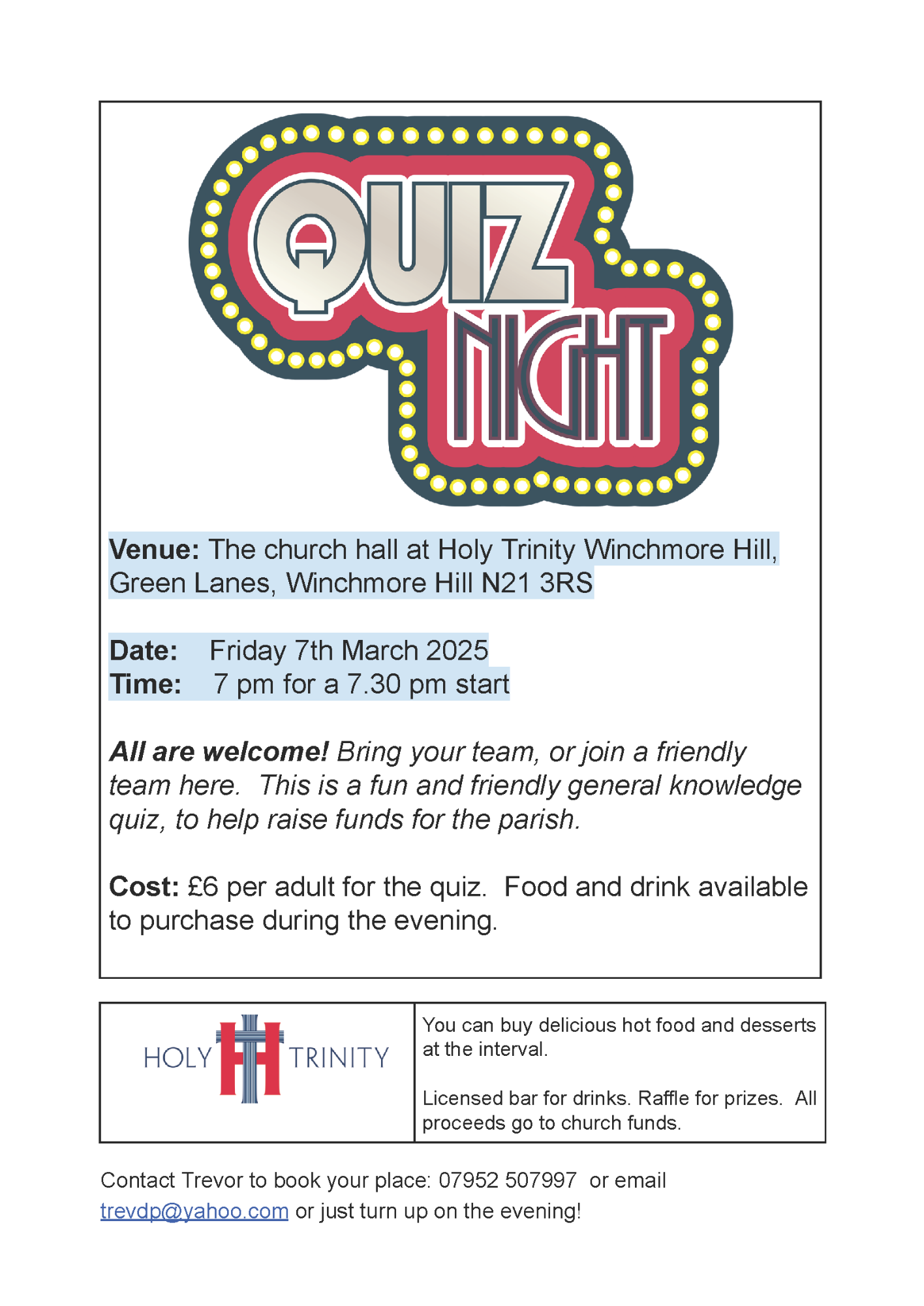 Holy Trinity Church Quiz Night Friday 7 March 7pm for 7.30 start